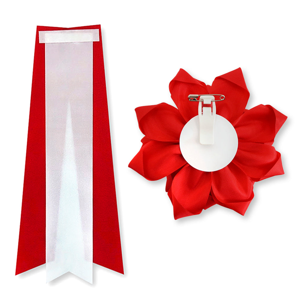リボン徽章(記章・胸章)特大リボンバラ タレとバラの裏側 安全ピン クリップ